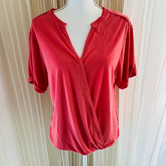 Saturday Sunday by Anthropologie Coral Pink Ribbed Amy Surplice top size S - Picture 2 of 7